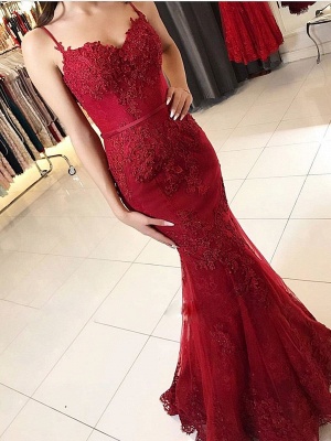 Delicate Red Spaghetti Strap Prom Dress | Mermaid Prom Dress_1