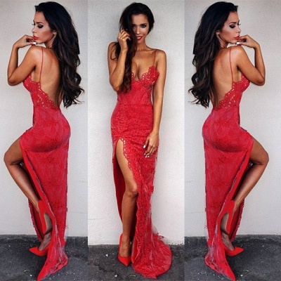 Sexy Red Lace TightProm Dress Front Split Floor Length_5