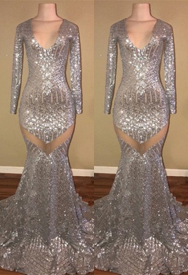 Long Sleeve Sequins Prom Dresses  |Mermaid V-Neck Evening Gowns_1