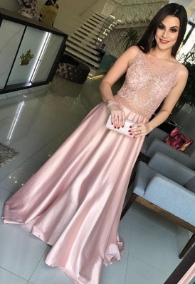 Modest Beading A-line Pink Jewel Sleeveless Prom Dress_1