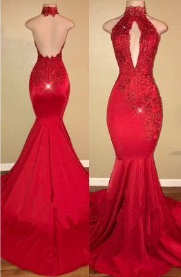 Red High Neck Lace Open Back Mermaid Prom Dresses  BA7768_1