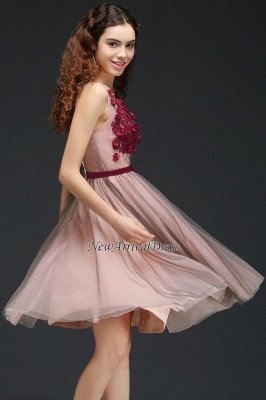 Sash V-Neck Open-Back A-line Burgundy-Flowers Romantic Homecoming Dresses_3