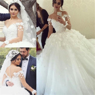 Lace Appliques Unique Long Sleeve Ball Gown Wedding Dresses_3