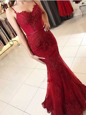 Zartes rotes Spaghetti-Träger-Abschlussballkleid | Meerjungfrau-Abschlussballkleid_1