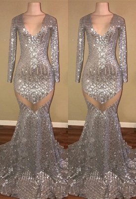 Long Sleeve Sequins Prom Dresses  |Mermaid V-Neck Evening Gowns_1