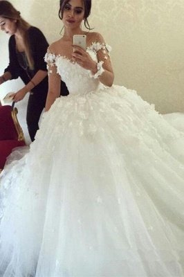 Lace Appliques Unique Long Sleeve Ball Gown Wedding Dresses_2