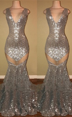 Silver SequinsProm Dress |Mermaid V-Neck Evening Gowns_1