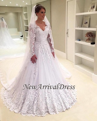 A-Line Tulle Elegant Lace Appliques Custom Made V-Neck Beadings Long Sleeve Wedding Dress_1