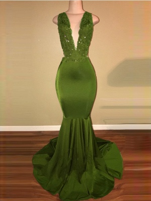 Criss-Cross Sexy Straps Beaded Mermaid Appliques Sleeveless Green Lace Elegant V-Neck Long Prom Dresses  BA7993_2