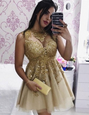 Delicate Gold Lace Beads Short Homecoming Dress | Sleeveless Cocktail Dress_1