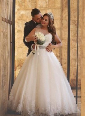 A-Line Crystal Floor Length Bridal Dress Crew Neck Plus Size Lace Wedding Dresses_1
