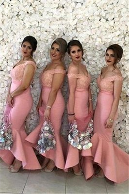 Newest Pink Off-the-shoulder Mermaid Lace Hi-Lo Bridesmaid Dress_3