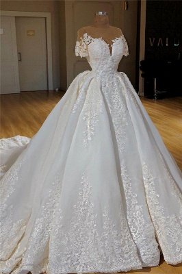 Mangas cortas de encaje apliques vestidos de novia 2021 | Vestido de bola capilla tren princesa vestidos de novia baratos_1