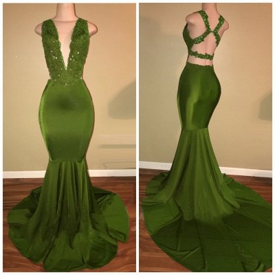 Criss-Cross Sexy Straps Beaded Mermaid Appliques Sleeveless Green Lace Elegant V-Neck Long Prom Dresses  BA7993_3