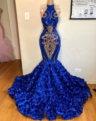 Magnifiques robes de bal bleu royal sans manches sirène fleurs longue robe de soirée_2