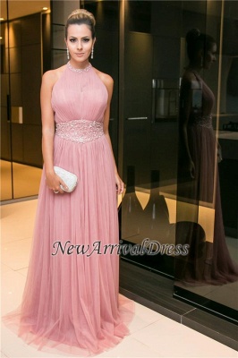 Open-Back Long Candy-Pink Halter Sleeveless Beaded Tulle Evening Dress_1