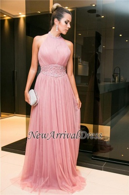 Open-Back Long Candy-Pink Halter Sleeveless Beaded Tulle Evening Dress_4