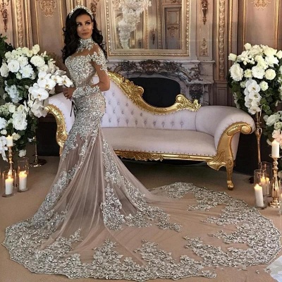 Beautiful Lace Long Sleeve Luxury Silver High Neck Mermaid Wedding Dresses_4