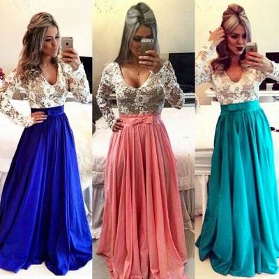 Lace Long Sleeves Prom Dresses V Neck Sheer Open Back Beaded Evening Gowns BT00_3