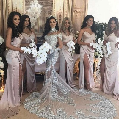 Beautiful Lace Long Sleeve Luxury Silver High Neck Mermaid Wedding Dresses_5