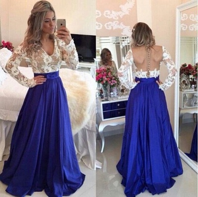 Lace Long Sleeves Prom Dresses V Neck Sheer Open Back Beaded Evening Gowns BT00_2