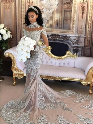 Beautiful Lace Long Sleeve Luxury Silver High Neck Mermaid Wedding Dresses_2