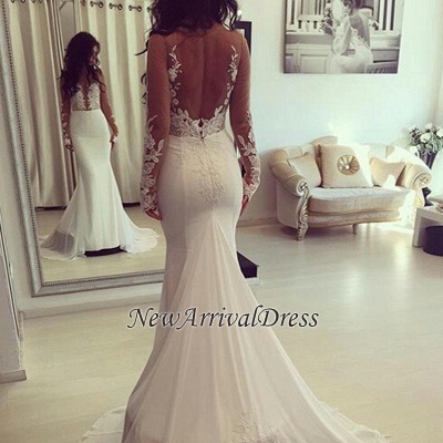 Elegant Mermaid Sheer Custom Made Long Sleeve Wedding Dresses_1