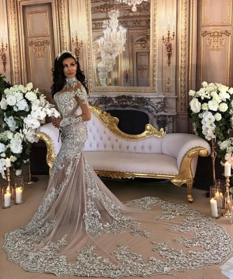 Beautiful Lace Long Sleeve Luxury Silver High Neck Mermaid Wedding Dresses_6