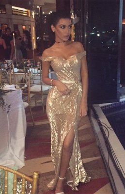 Bling Off-the-shoulder Front Split Sequined Long Prom Dress_1