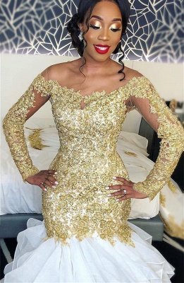 Elegant New Arrival Gold Beautiful Lace Long Sleeve Wedding Dresses | Mermaid Online  Bridal Gowns_1