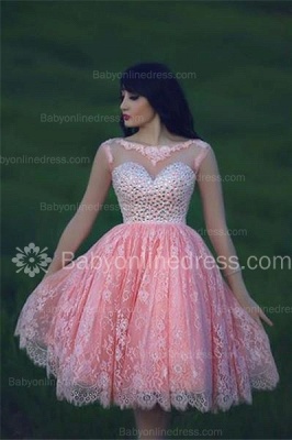 Sheer Lace Crystals Short Homecoming Dresses Pink Sweetheart Neck Long Sleeves Hollow Backless Mini Prom Dresses_2