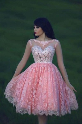 Sheer Lace Crystals Short Homecoming Dresses Pink Sweetheart Neck Long Sleeves Hollow Backless Mini Prom Dresses_1