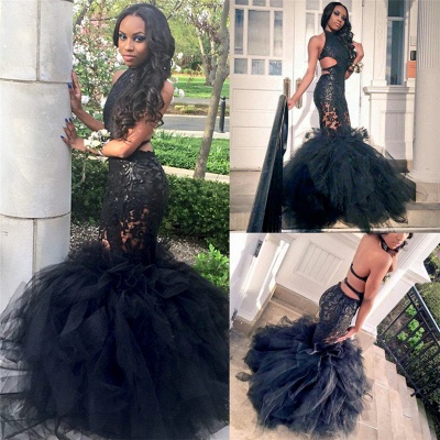 Mermaid Ruffles Lace Backless Tulle Sexy Black Prom Dress_4