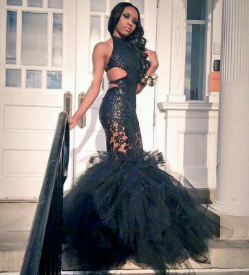 Mermaid Ruffles Lace Backless Tulle Sexy Black Prom Dress_3