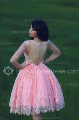 Sheer Lace Crystals Short Homecoming Dresses Pink Sweetheart Neck Long Sleeves Hollow Backless Mini Prom Dresses_3