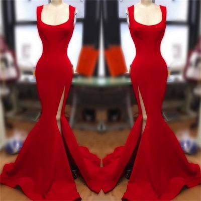 Straps Mermaid Red Long Prom Dresses   for Juniors | Square Neckline Sleeveless Evening Gowns with Slit_3