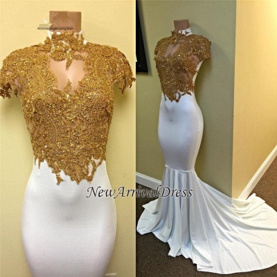 Gold Lace Appliques Cap Sleeve White Mermaid Gorgeous Prom Dresses_1