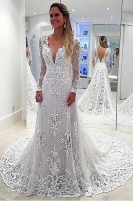 Elegantes vestidos de novia de encaje con vaina de manga larga | Vestidos de novia baratos con espalda abierta y tren de barrido_1