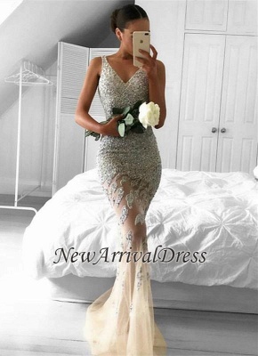 Straps Mermaid Lace-Appliques Gorgeous Sleeveless Beads Tulle Evening Dress EM0_3