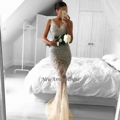 Straps Mermaid Lace-Appliques Gorgeous Sleeveless Beads Tulle Evening Dress EM0_1