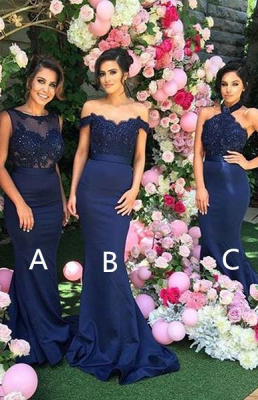 Elegant Mermaid Bridesmaid Dresses 3 Style Appliques Satin Long Prom Dresses_1