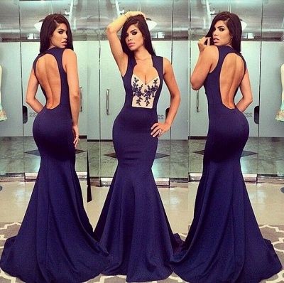 Purple Open Back Mermaid Evening Gowns V-neck Sleeveless Lace Sexy Long Prom Dresses_2