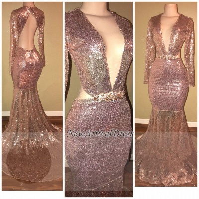 Open Back Mermaid Sequined Long Sleeve Evening Gowns | Gorgeous V-neck Prom Dresses_1