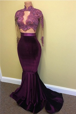 Long Sleeve Mermaid Modest High Neck Lace Appliques Prom Dresses  BA4641_3