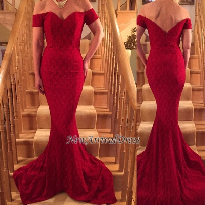 Short-Sleeve Long Mermaid Glamorous Lace Red Prom Dress_1