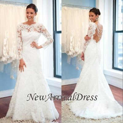 Sexy Open Back A-Line Plus Size LaceSleeves Elegant Wedding Dresses Cheap Online_1