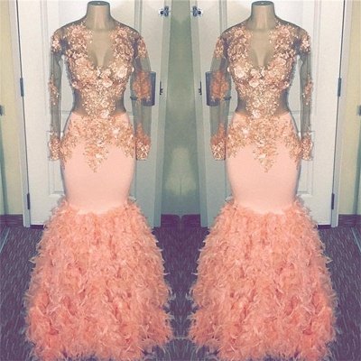 Coral Pink Mermaid Long Sleeve Long Prom Dresses   | Sheer Tulle Appliques Ruffles Formal Dresses_3