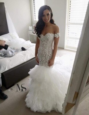 Vestidos de novia de sirena con hombros descubiertos baratos | Vestidos de novia de tren largo en línea con volantes_1