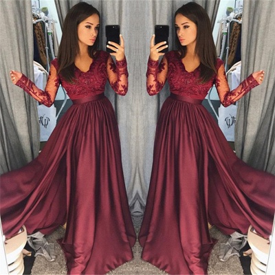Long Sleeve Burgundy Lace Prom Dress  | V-neck New Arrival Formal Formal Dress with Slit FB0205_3