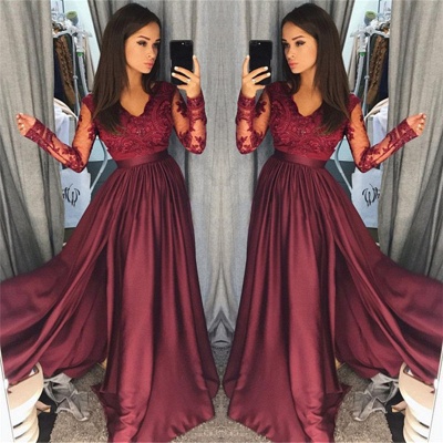 Robe de bal en dentelle bordeaux à manches longues pas cher | Robe de soirée formelle à encolure en V avec fente FB0205_3